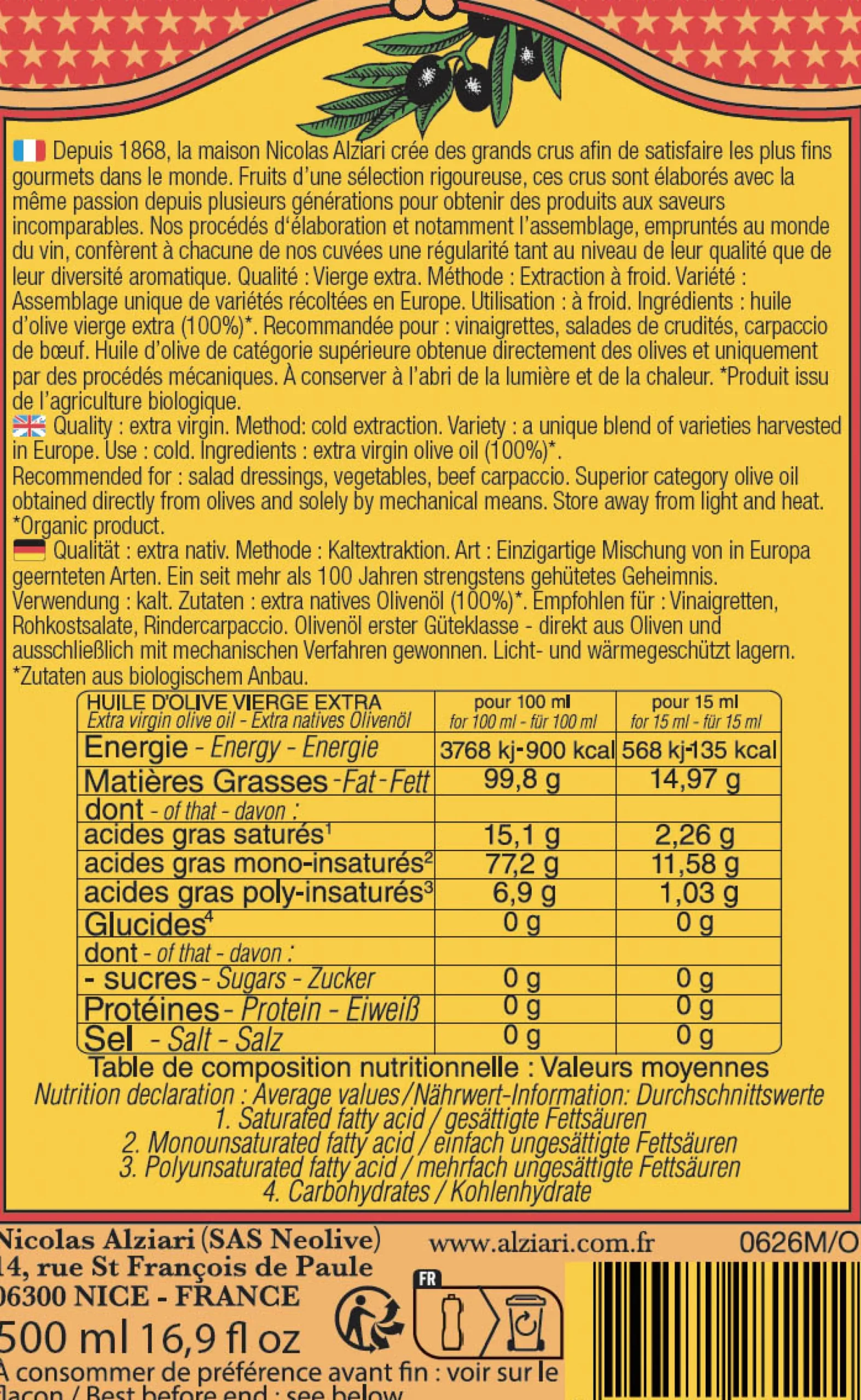 Alziari Pauline Extra Virgin Olive Oil 500ml