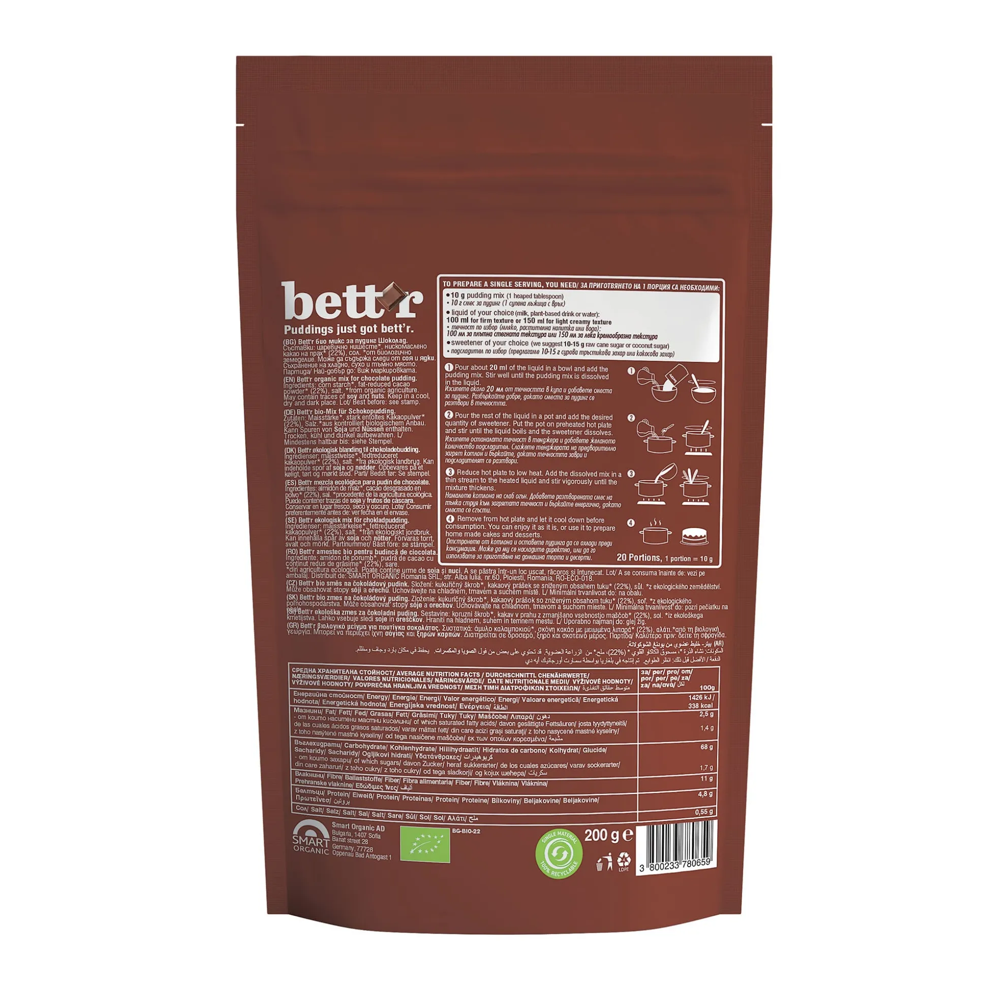 Bett’r Organic Gluten-Free Chocolate Pudding Mix, Bio 200g