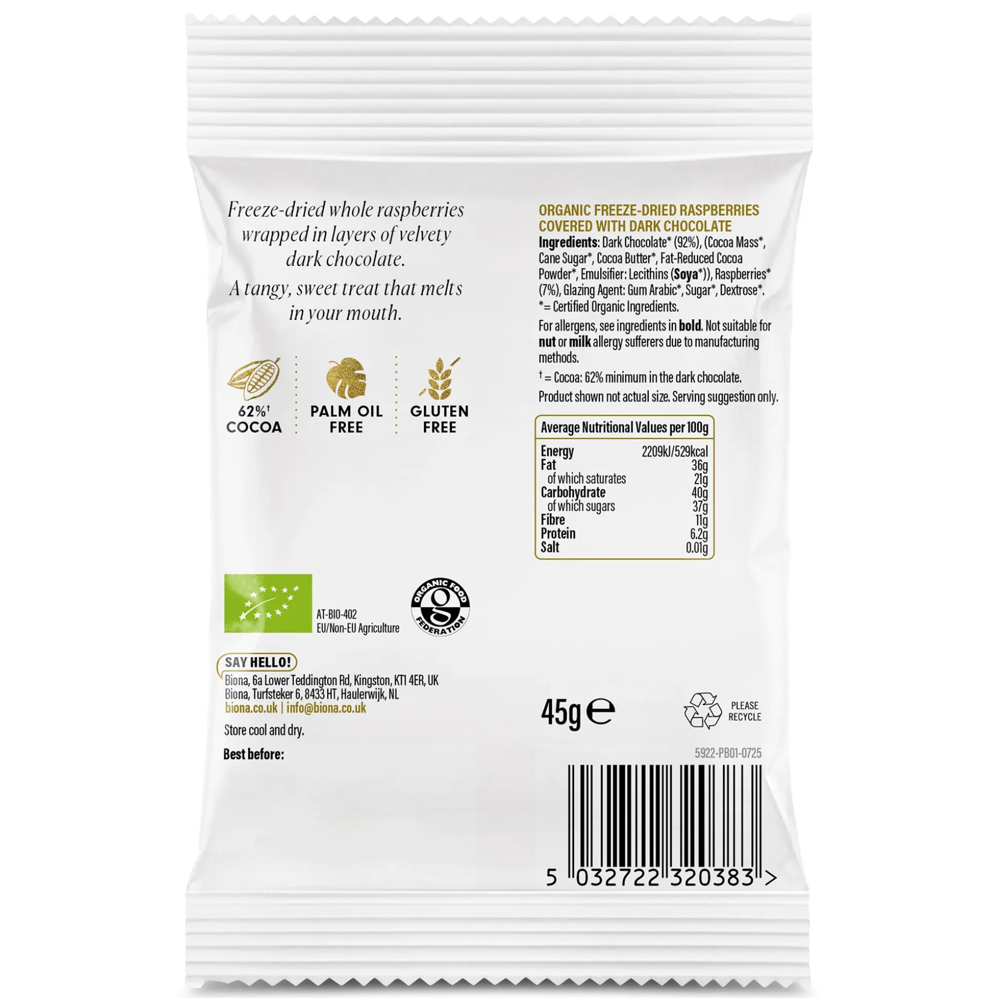 Biona Organic Dark Chocolate Coated Raspberries 45g