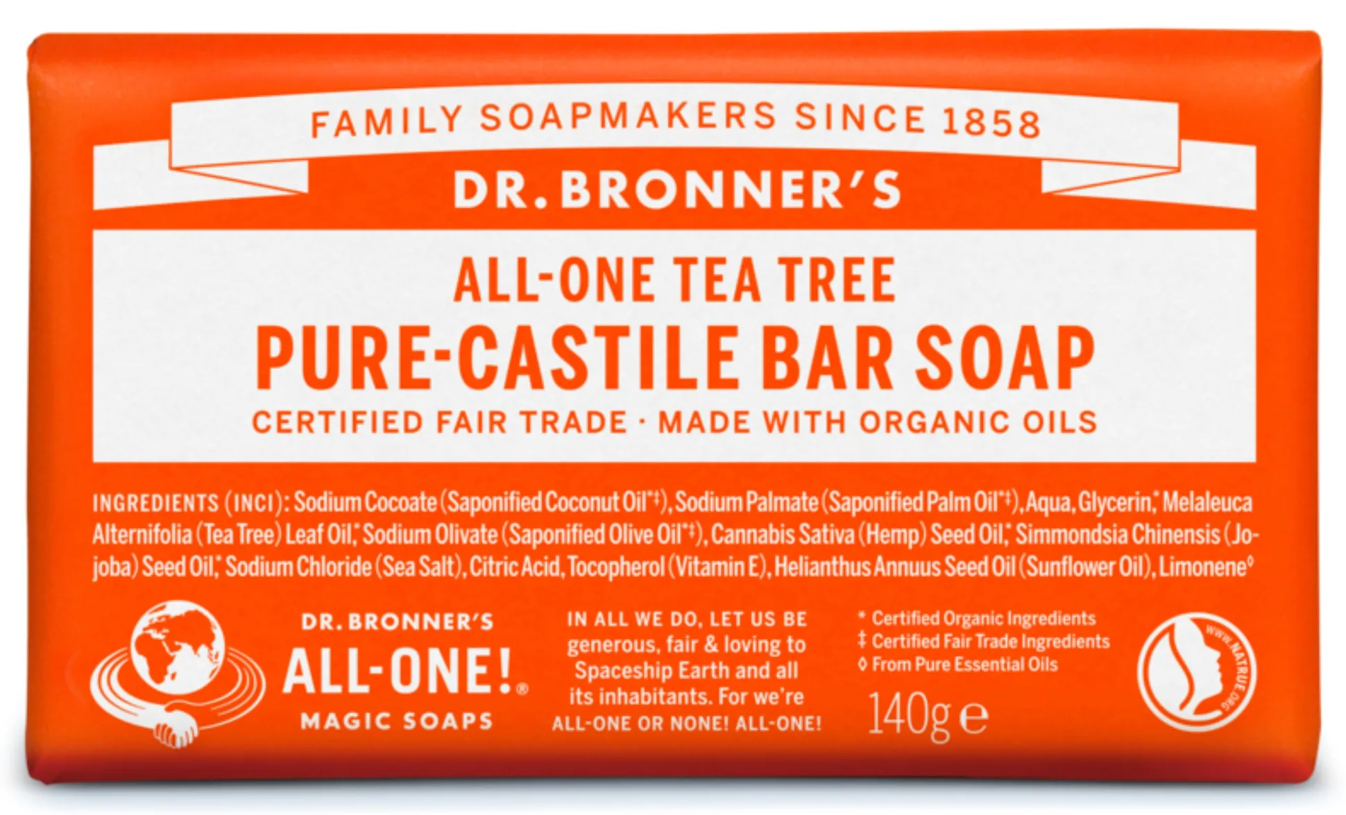 Dr Bronner's Tea Tree Castile Soap Bar 140g