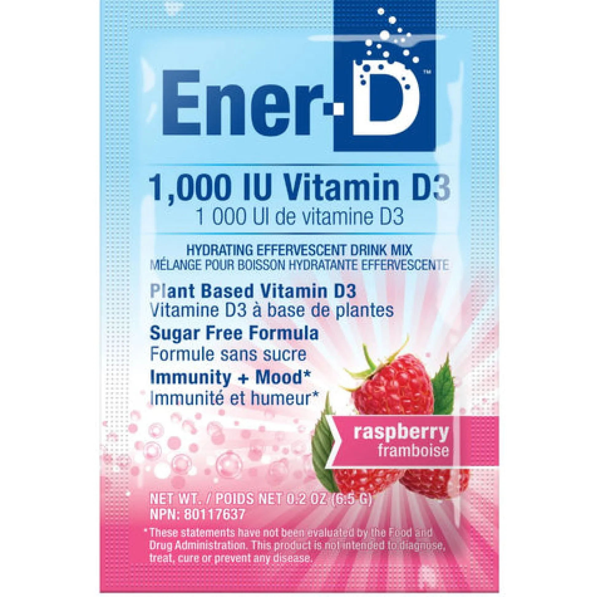Ener-D Vit D3 1000IU Sugar Free Drink Mix - Raspberry 24 sachet