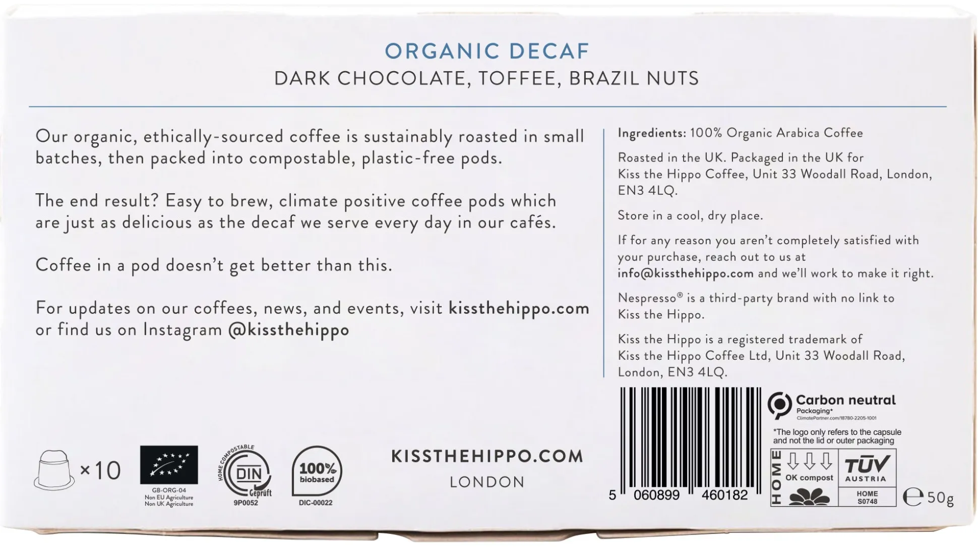 Kiss the Hippo Coffee Organic Decaf Blend Pods 10 pods