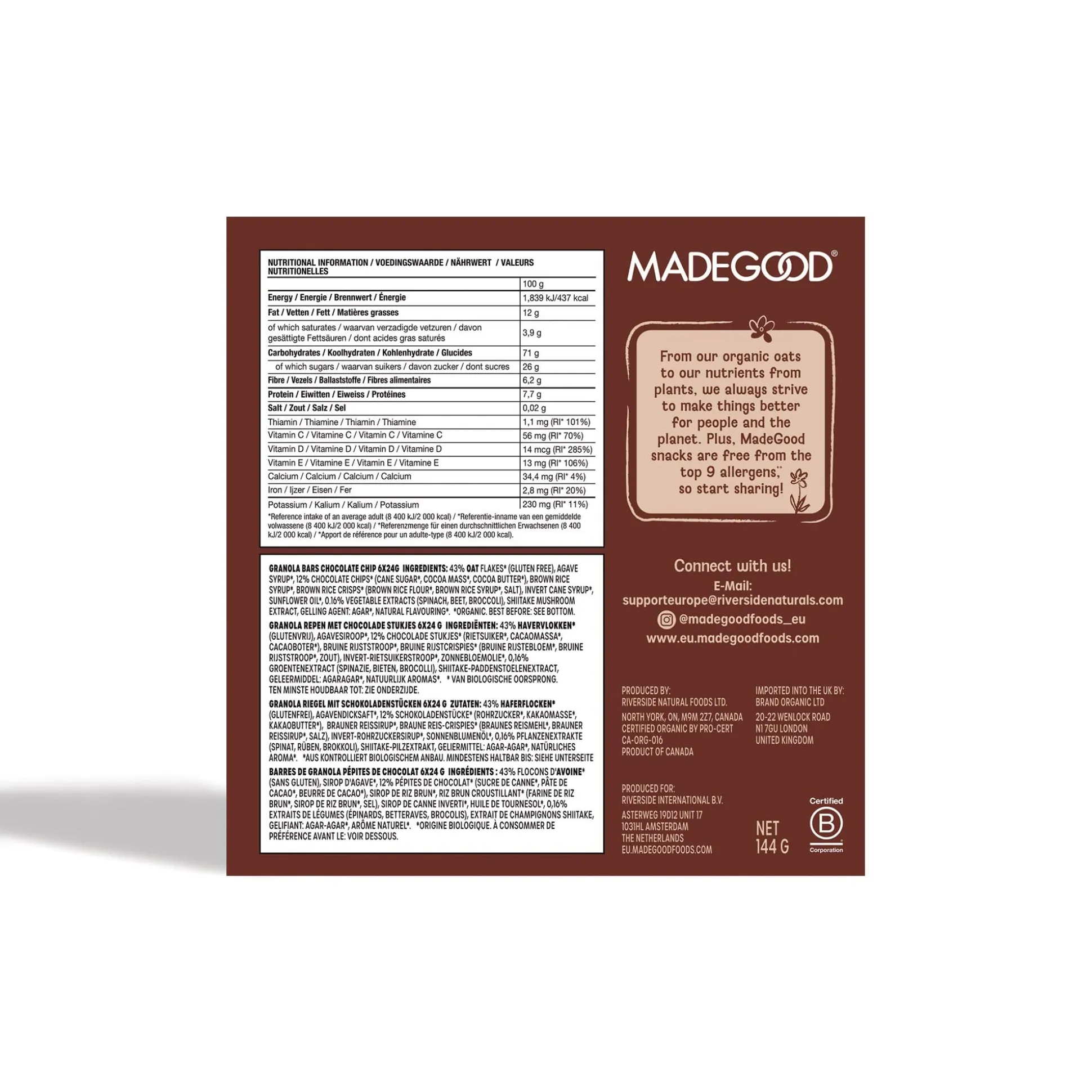 MadeGood Granola Bar, Chocolate Chip 6x24g