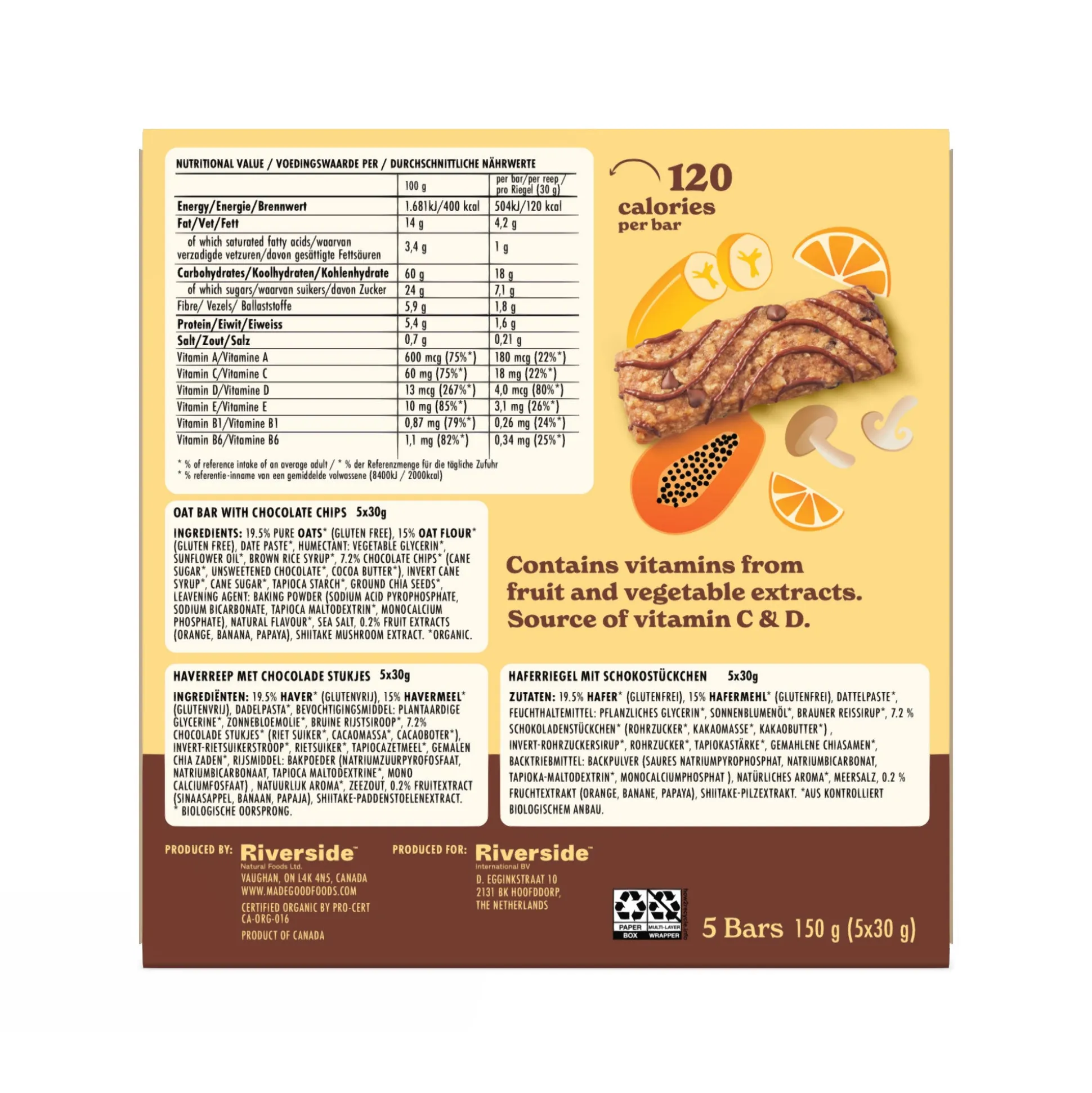 MadeGood Morning Bars, Chocolate Chip 5x30g