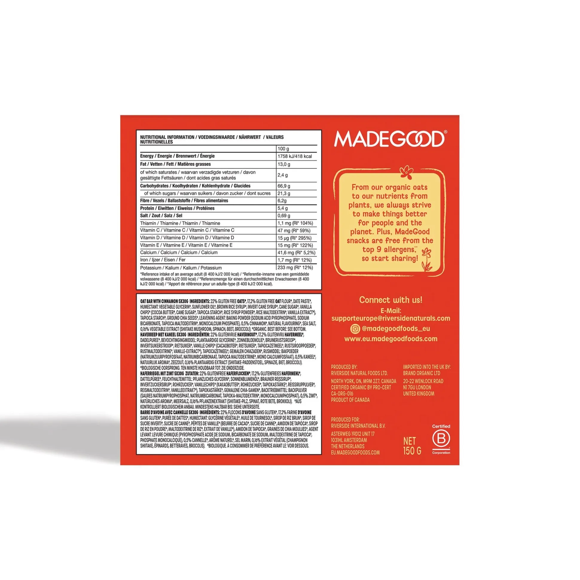 MadeGood Morning Bars, Cinnamon Bun 5x30g