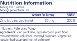 Pure Encapsulations Zinc 30 180 caps
