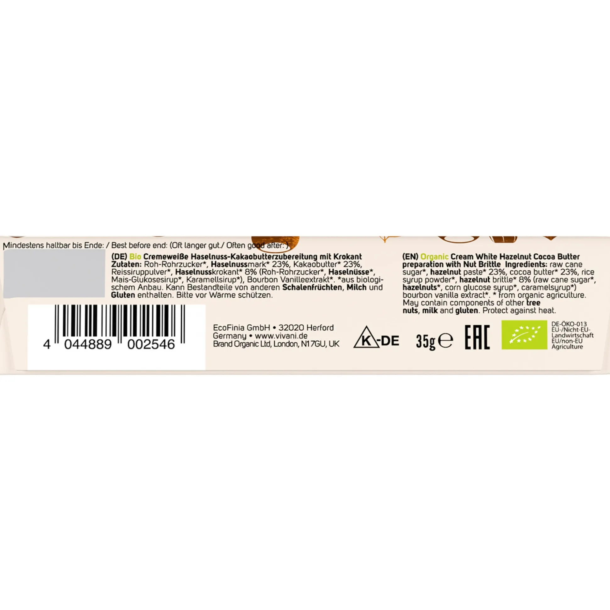 Vivani White Nougat Crisp Chocolate Bar, Organic 35g