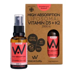 Well.Actually. Liposomal D3 2000 IU's + K2 100mcg Spray - Strawberry-Rhubarb Flavour - 90 Servings 25ml