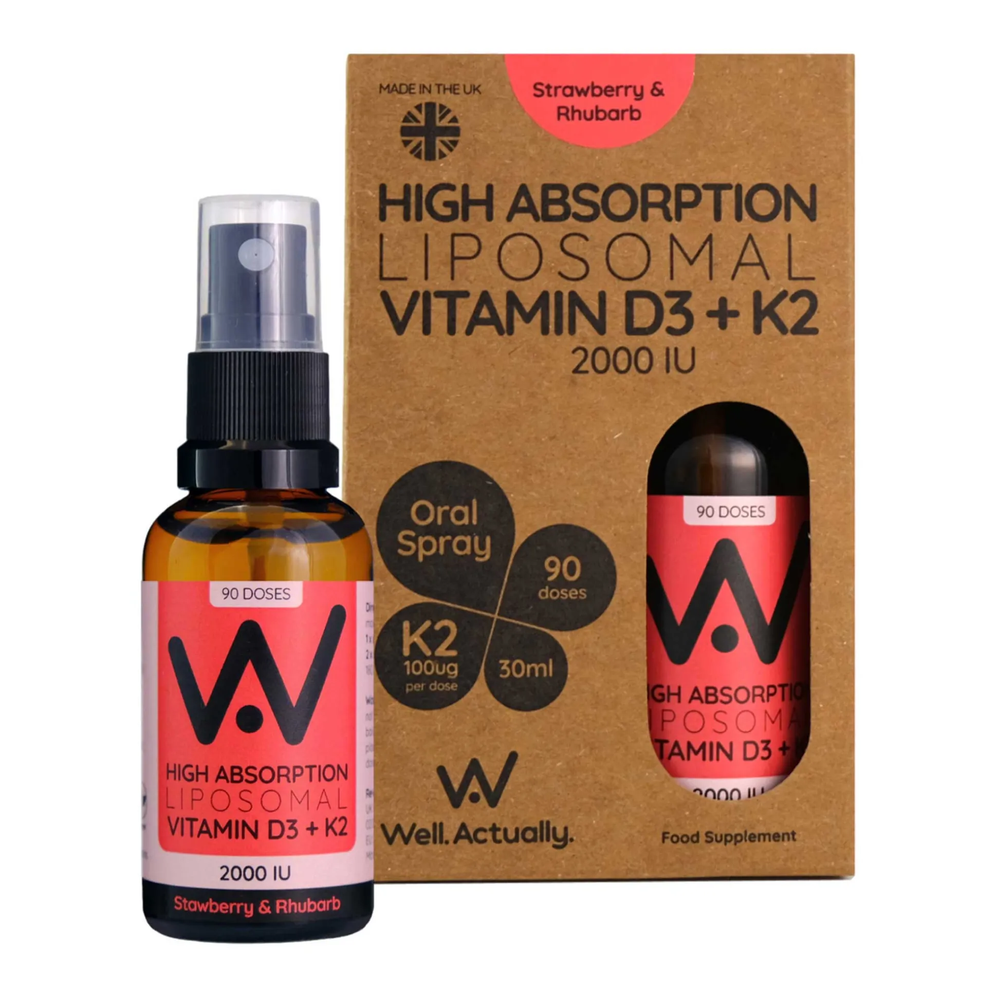 Well.Actually. Liposomal D3 2000 IU's + K2 100mcg Spray - Strawberry-Rhubarb Flavour - 90 Servings 25ml