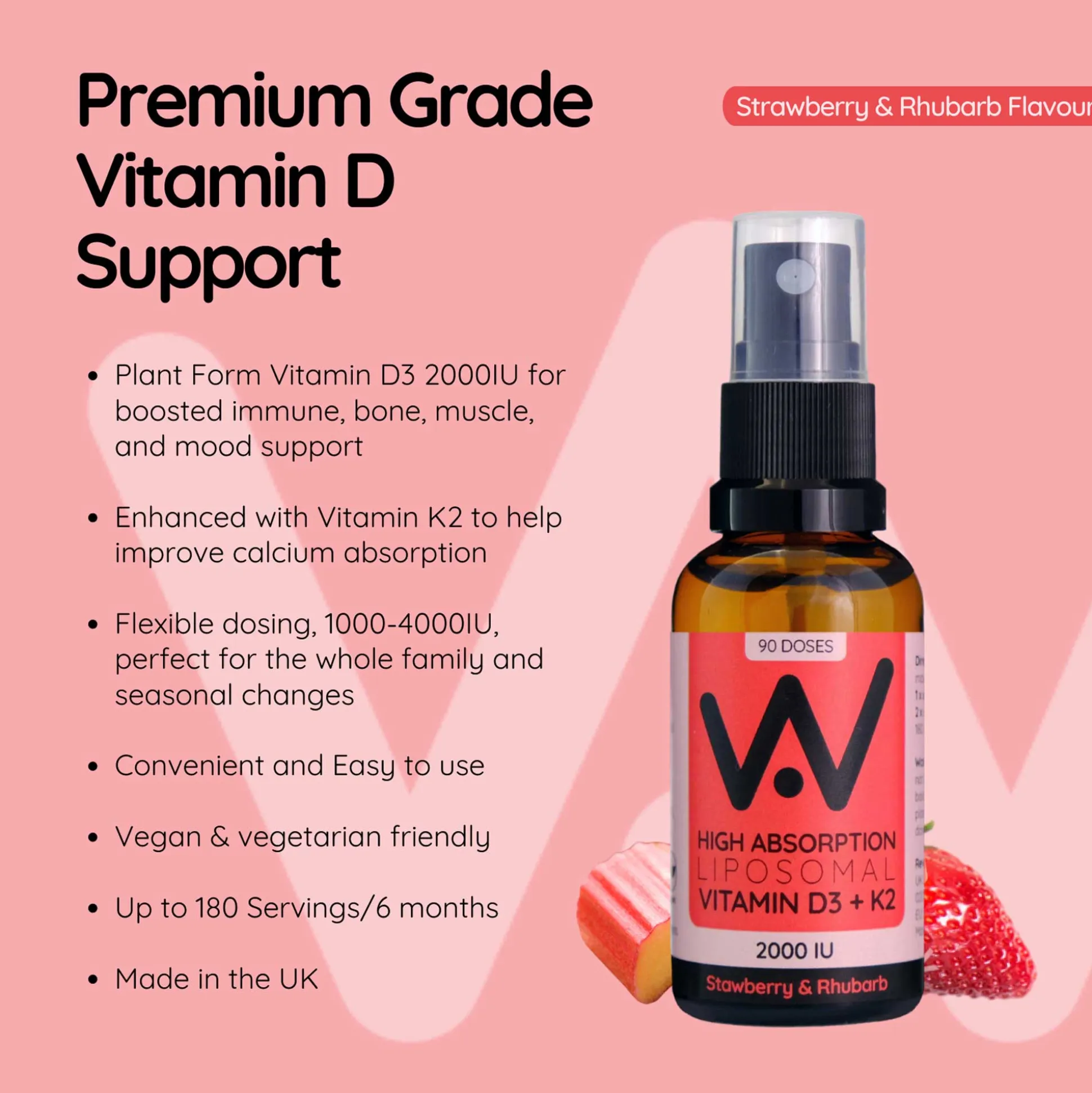 Well.Actually. Liposomal D3 2000 IU's + K2 100mcg Spray - Strawberry-Rhubarb Flavour - 90 Servings 25ml