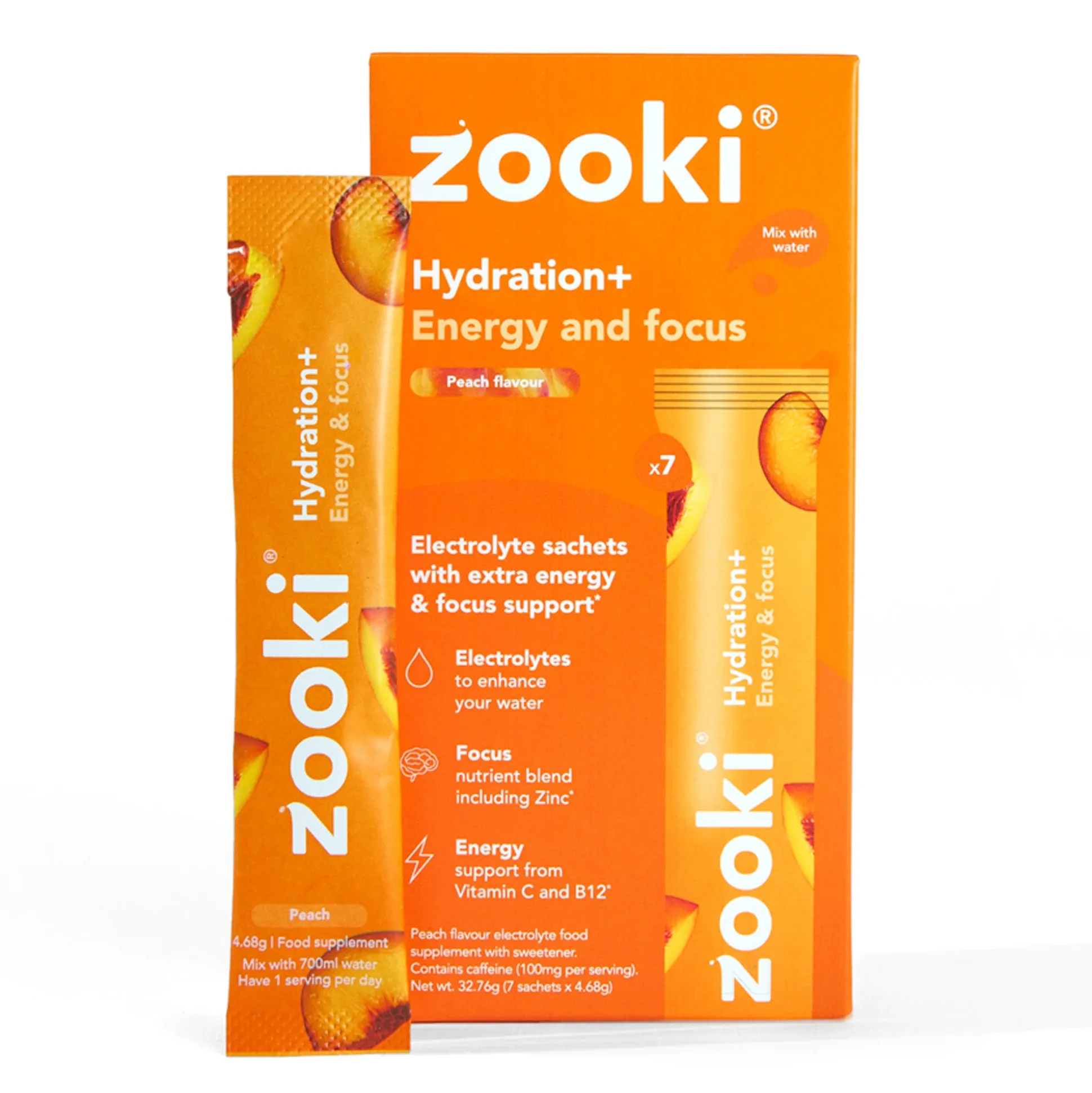 Zooki Hydrate+ Energy & Focus, Peach Flavour 7x4.68g
