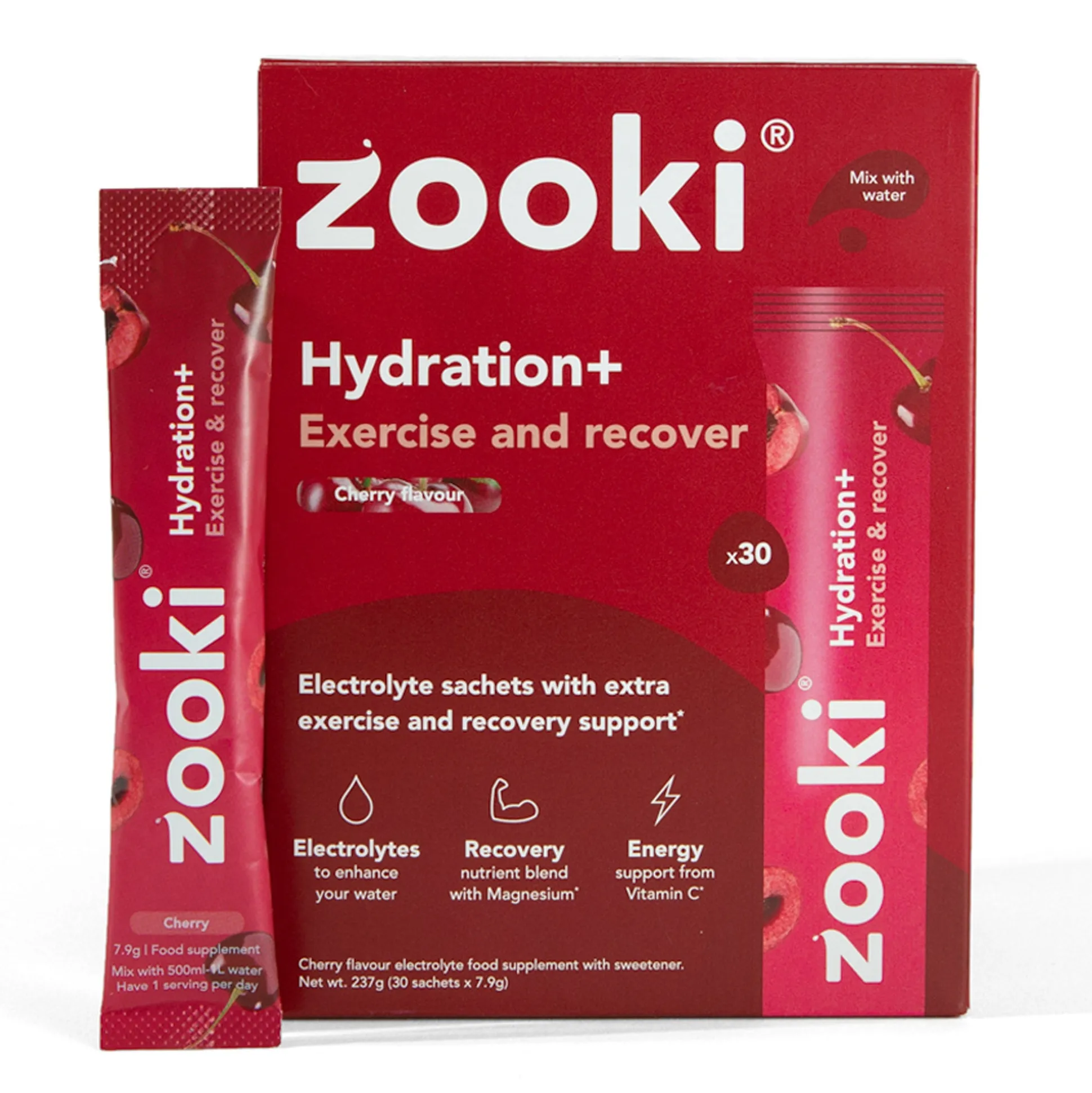 Zooki Hydrate+ Exercise & Recover, Cherry Flavour 30x7.9g